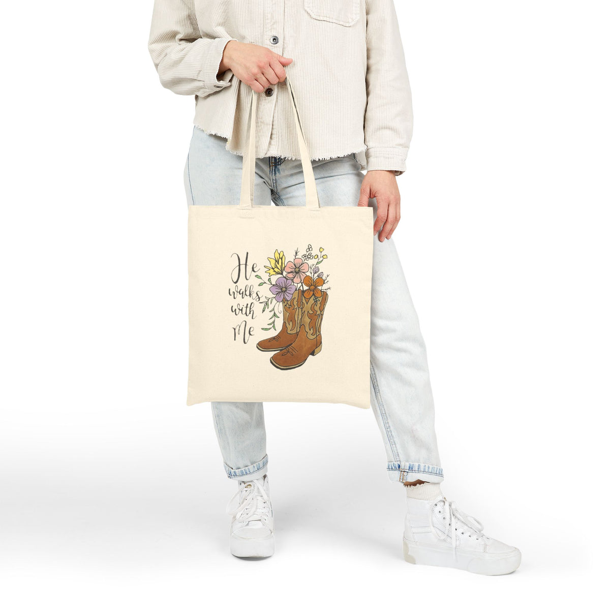 Floral Cowboy Boots Tote Bag, Reusable Shopping Bag, Eco-Friendly Canvas Tote, Gift for Western Lovers, He Walks with Me, Everyday Carry