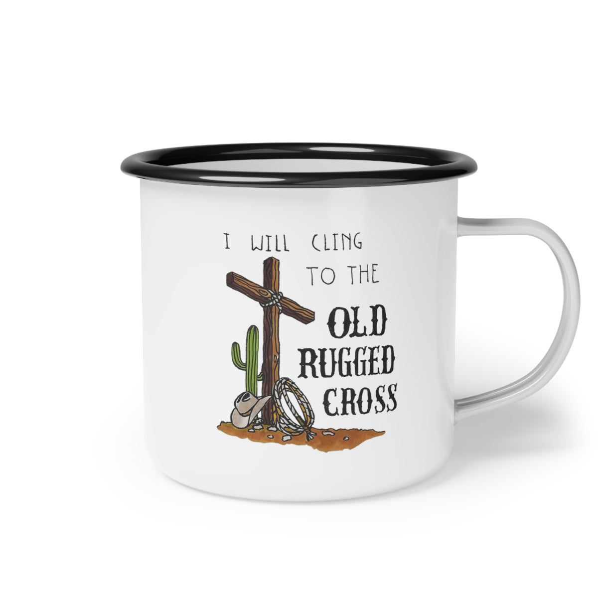 Old Rugged Cross enamel camp cup | Christian cross, western cactus design