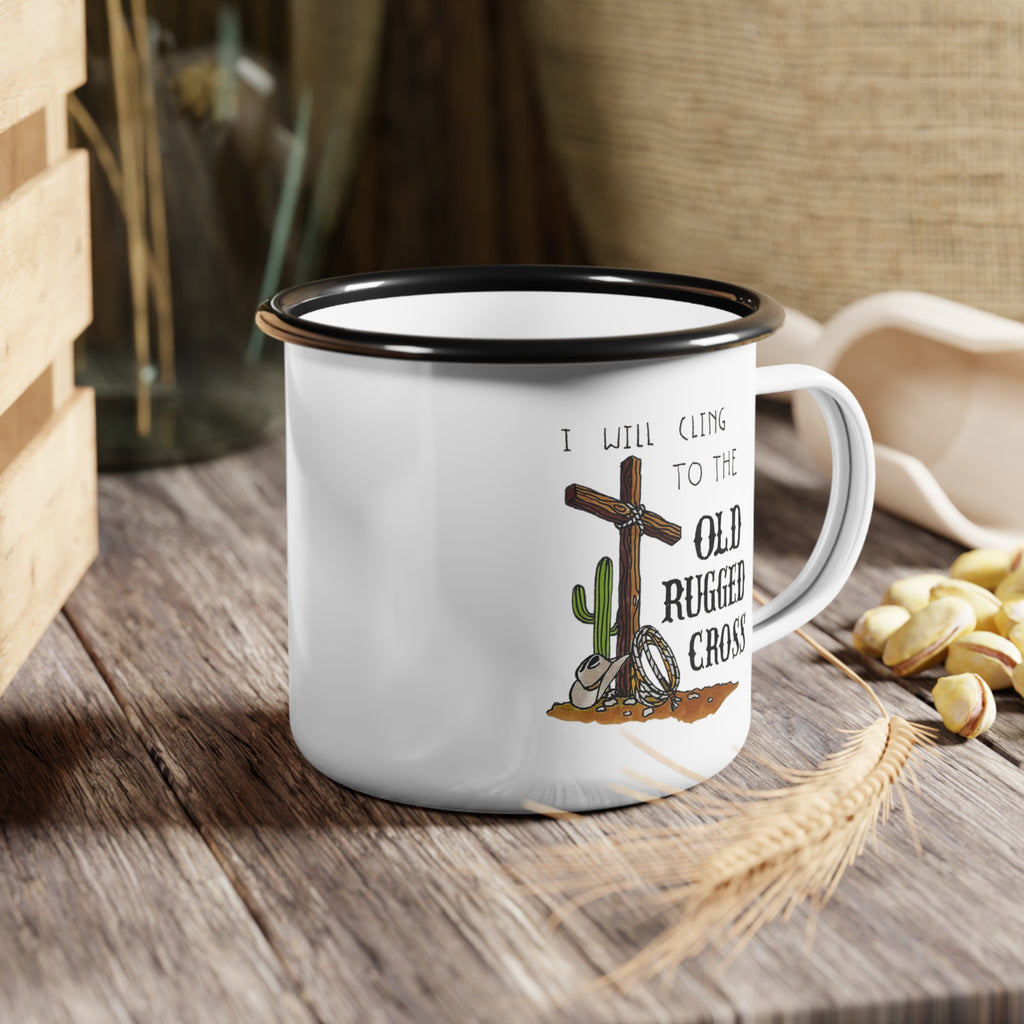 Old Rugged Cross enamel camp cup | Christian cross, western cactus design