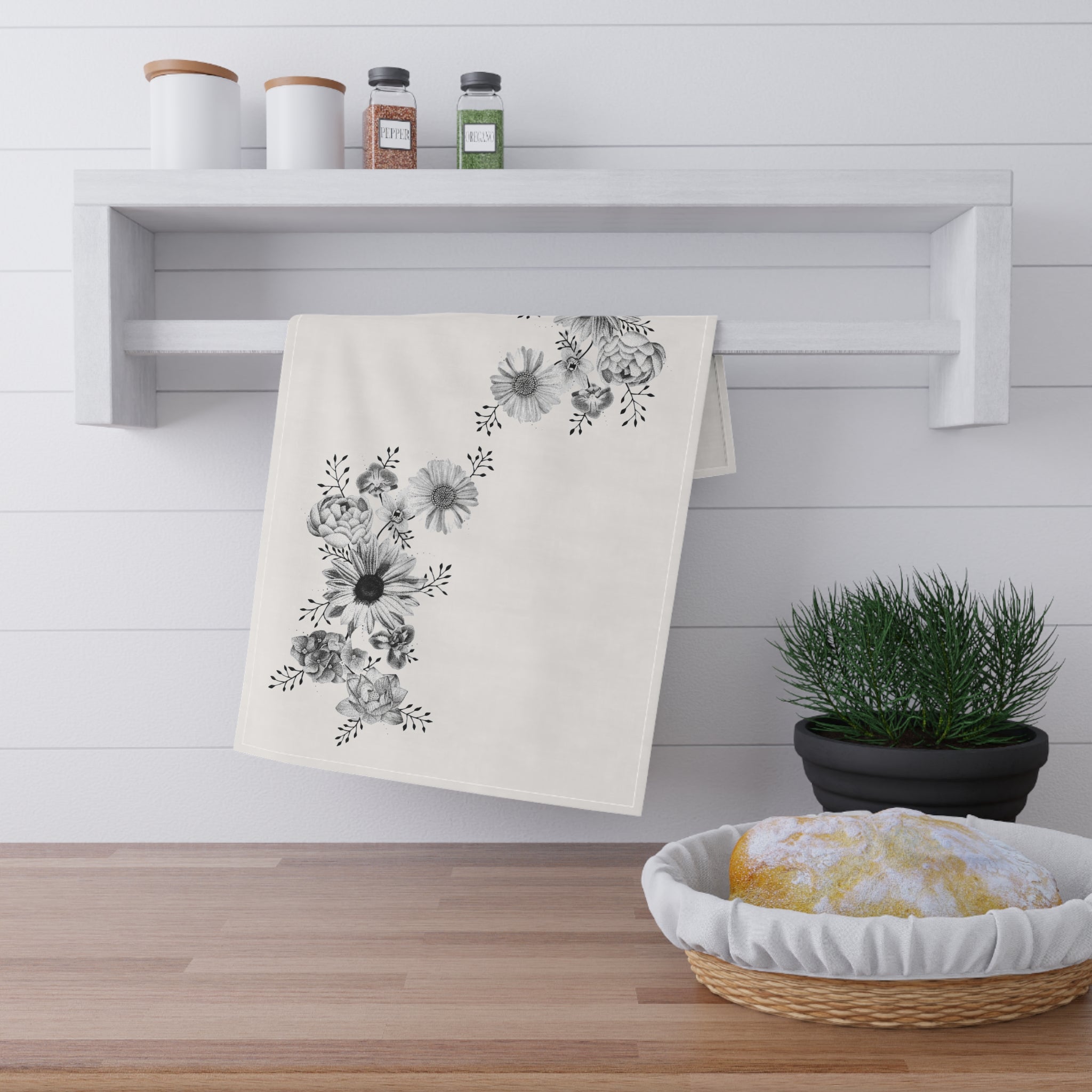 Floral Cascade Tea Towel — Black & White Botanical Kitchen Towel