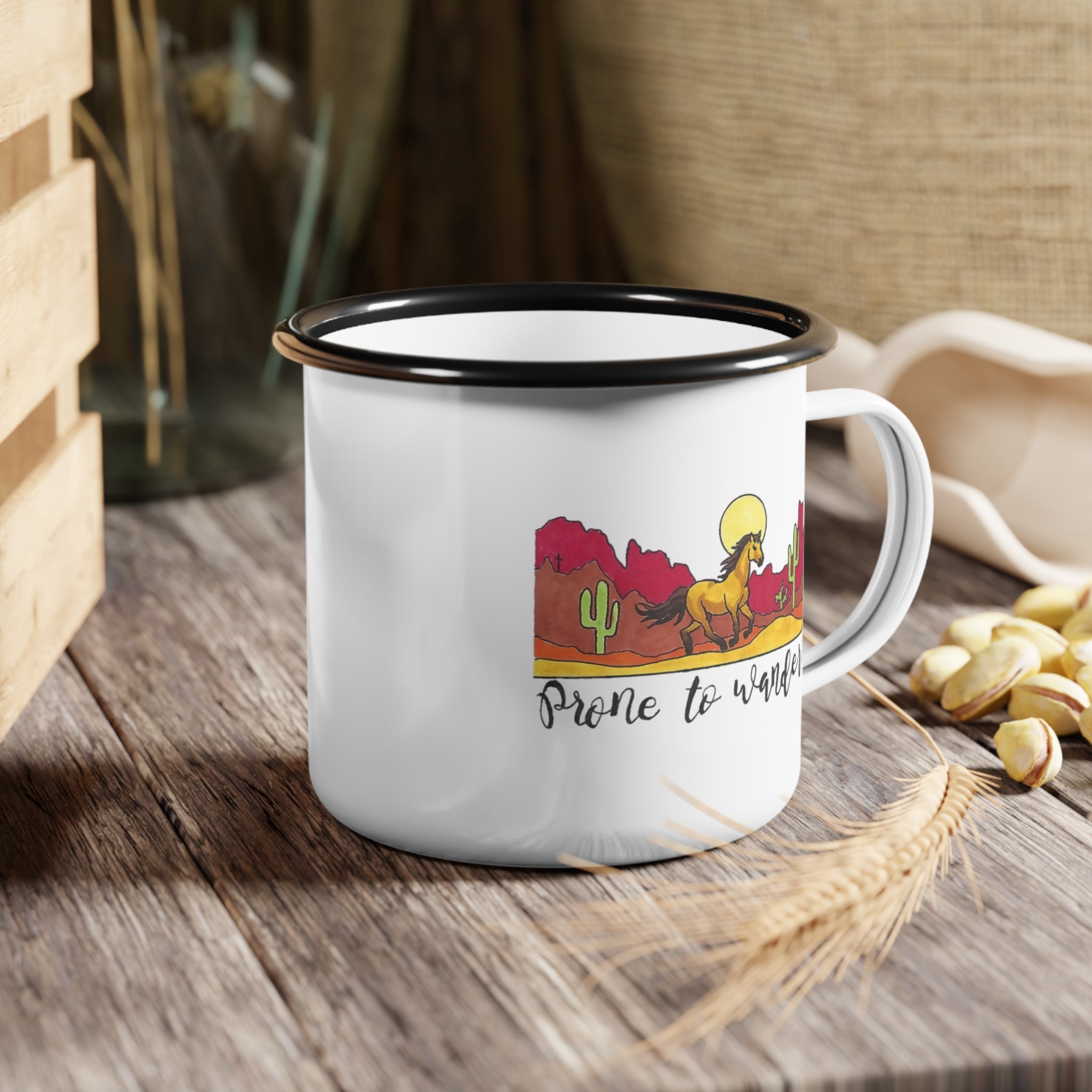 Prone to Wander enamel camp cup | Desert Horse Sunset, Cactus Camping Mug