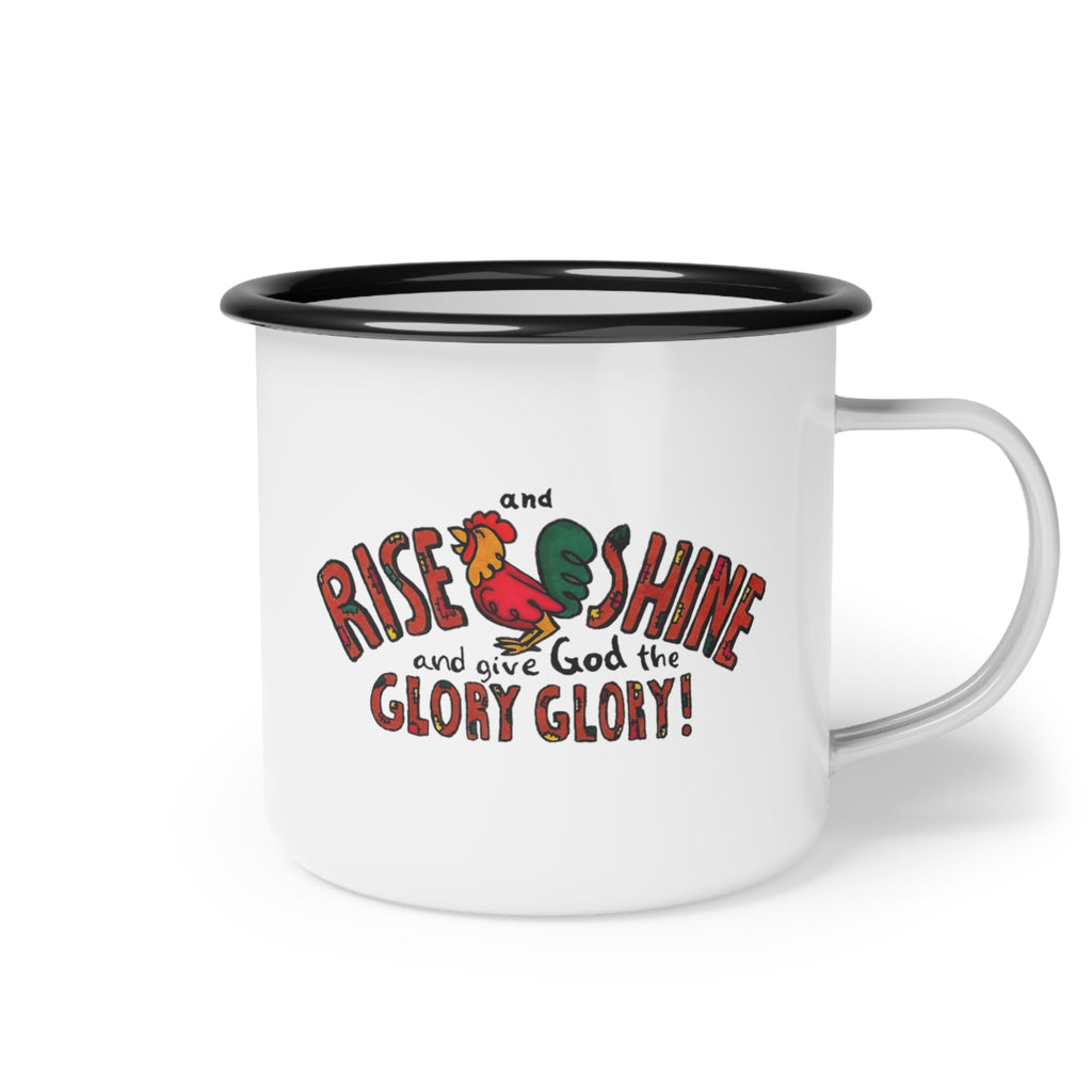 Rise and Shine Rooster enamel camp cup | Christian faith coffee mug
