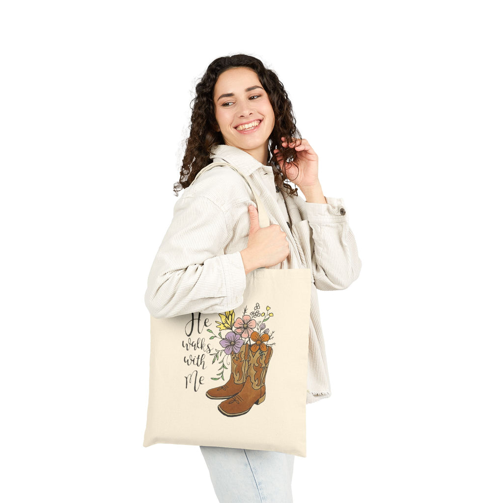 Floral Cowboy Boots Tote Bag, Reusable Shopping Bag, Eco-Friendly Canvas Tote, Gift for Western Lovers, He Walks with Me, Everyday Carry
