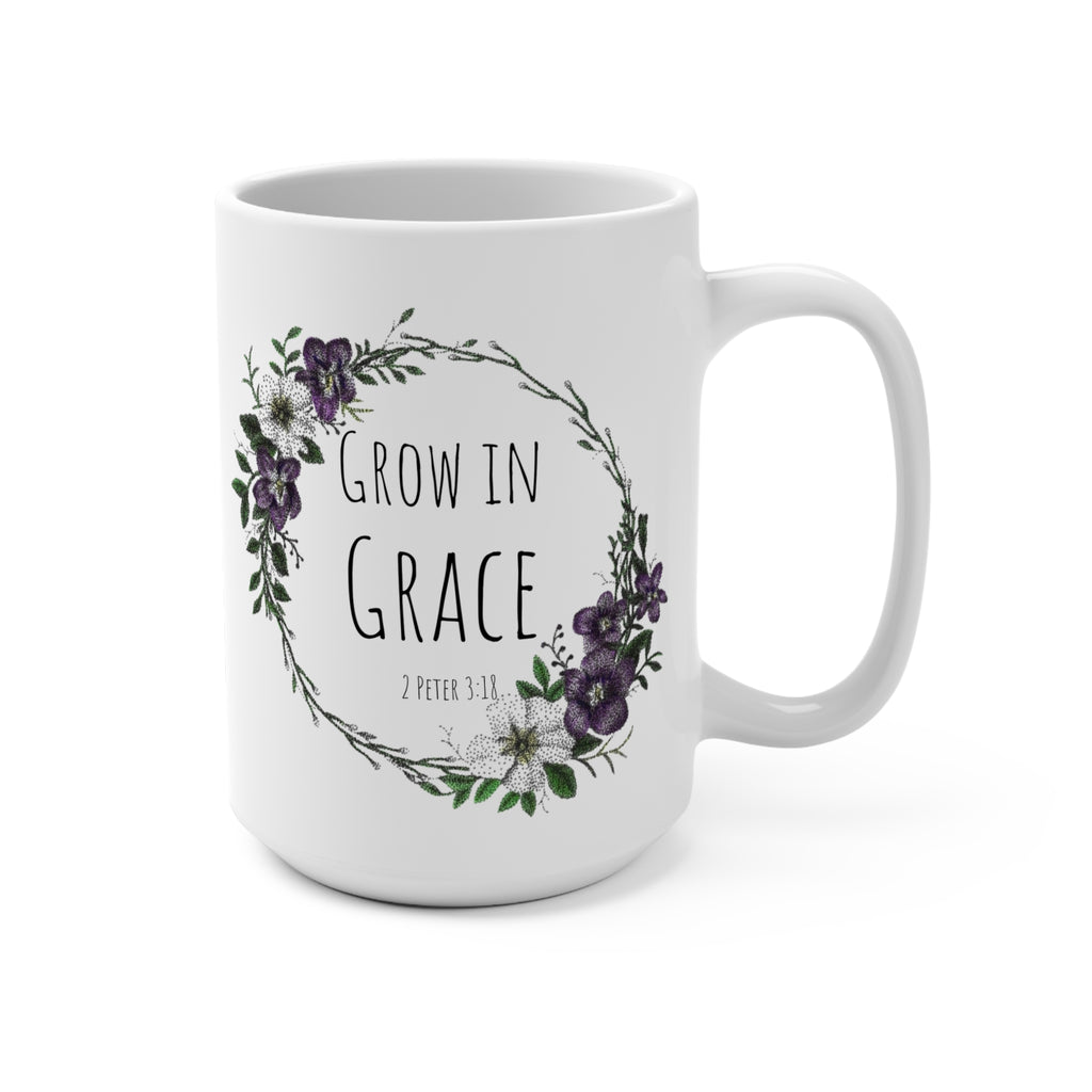 Grow in Grace 15oz Ceramic Mug — Floral Wreath Coffee Cup with Bible Verse (2 Peter 3:18)