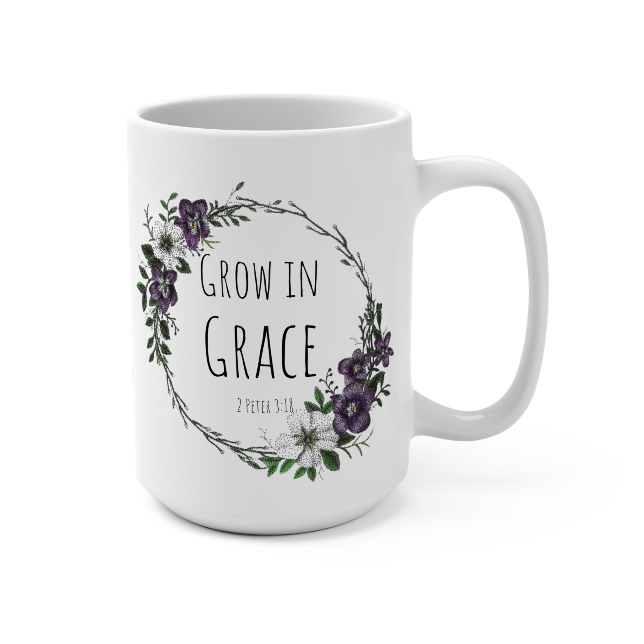 Grow in Grace 15oz Ceramic Mug — Floral Wreath Coffee Cup with Bible Verse (2 Peter 3:18)