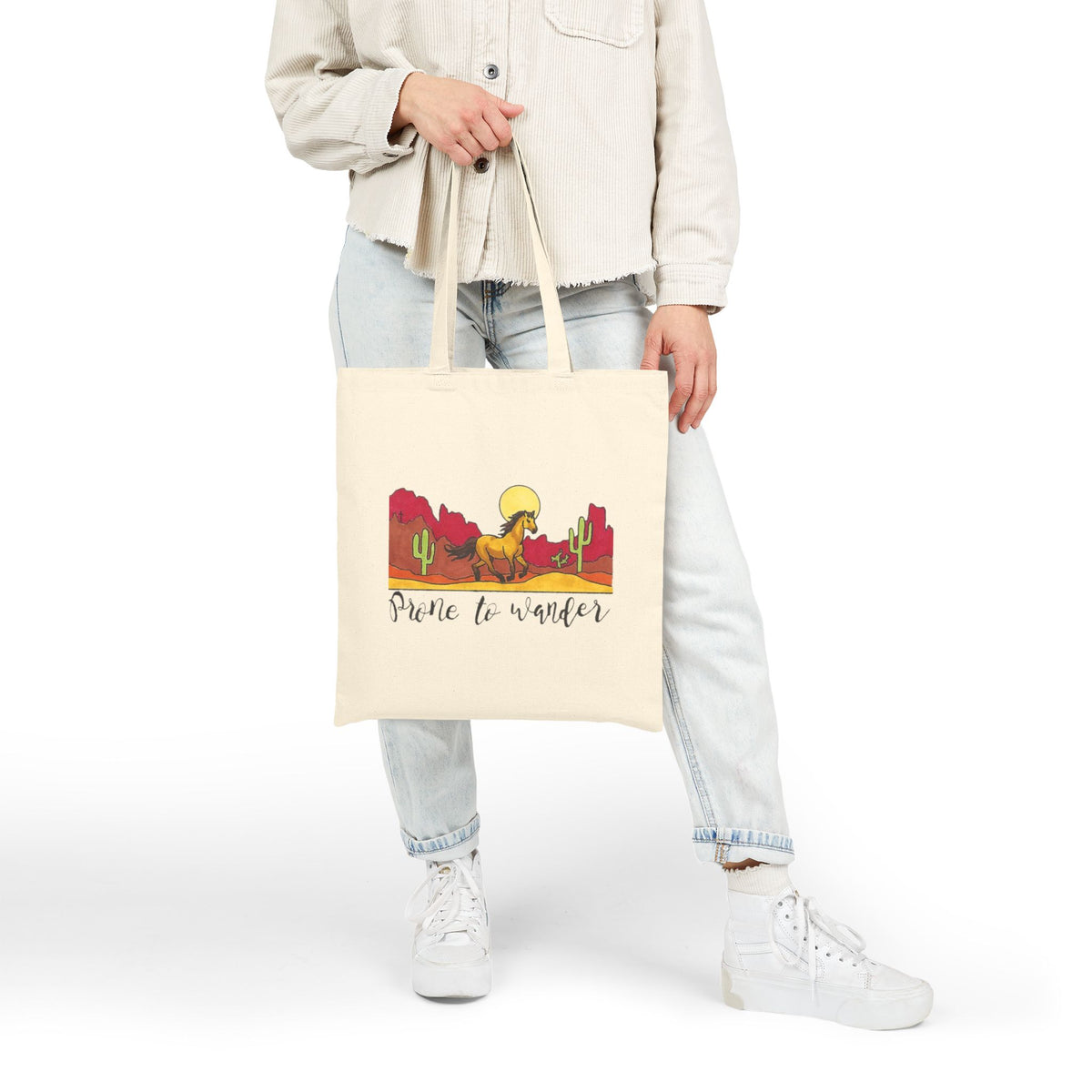 Prone to Wander Tote Bag | Cotton Canvas Bag, Eco-Friendly Shopper, Travel Gift, Boho Adventure Bag, Cactus Art, Come Thou Fount