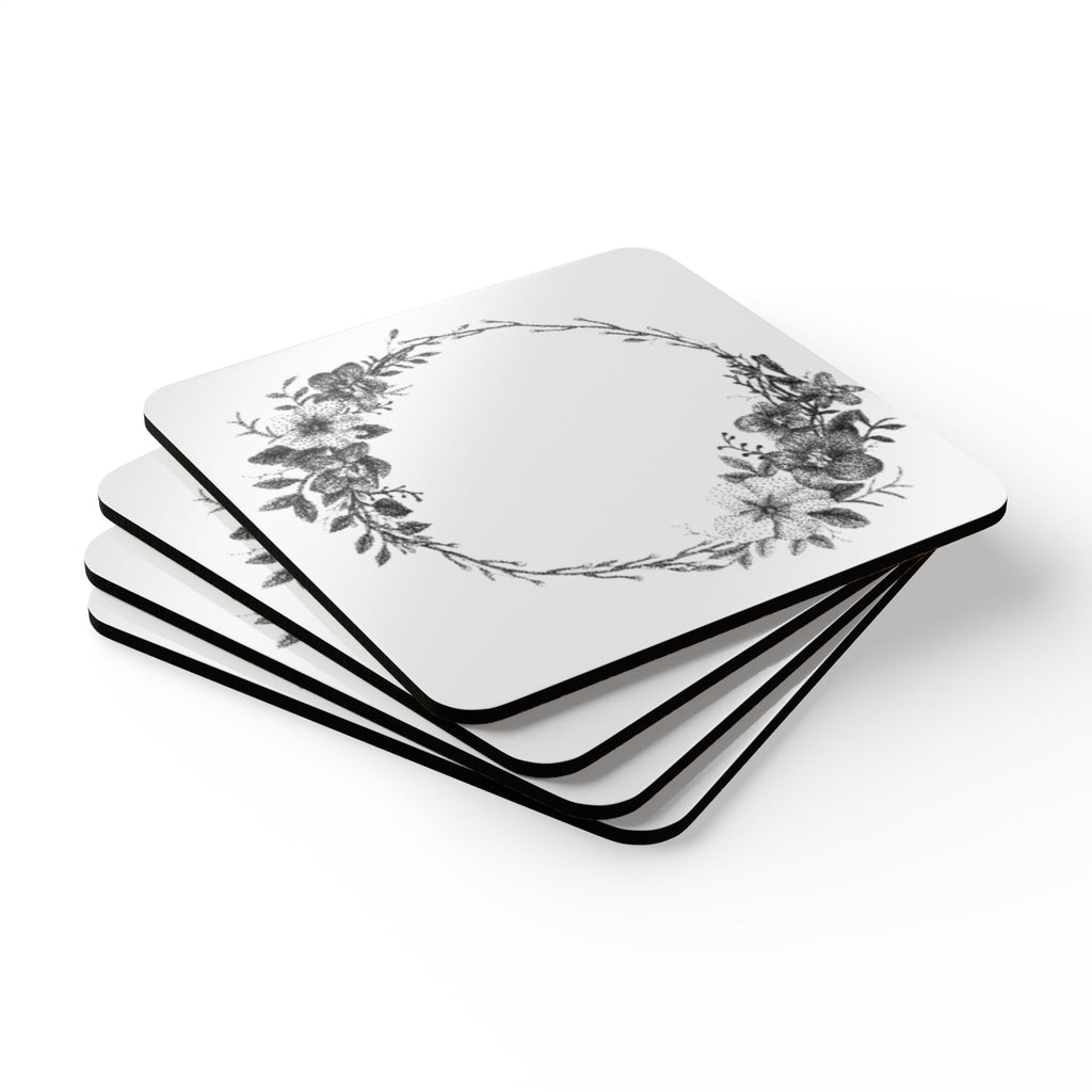 February Floral Wreath Cork Coaster Set (4-Pack)