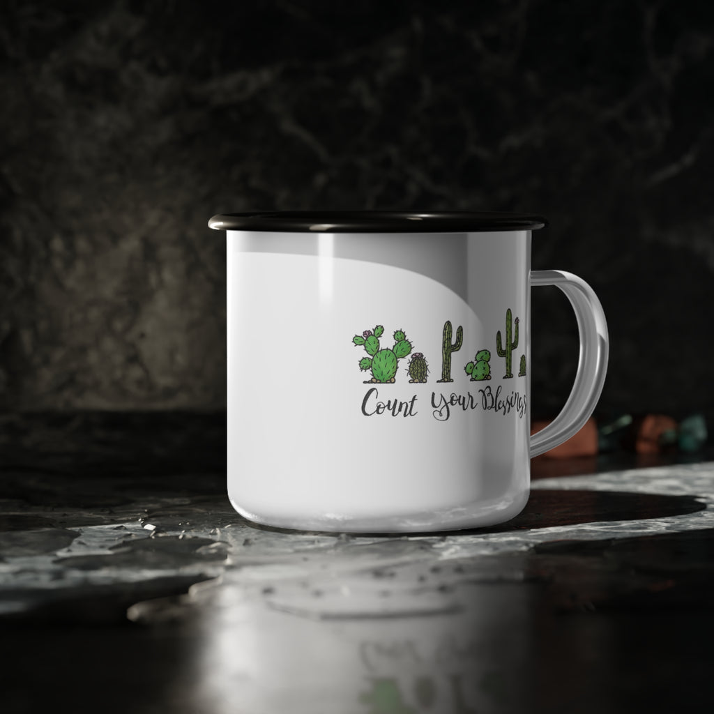 Count Your Blessings Cactus Enamel Cup | Desert Succulent Camper Mug