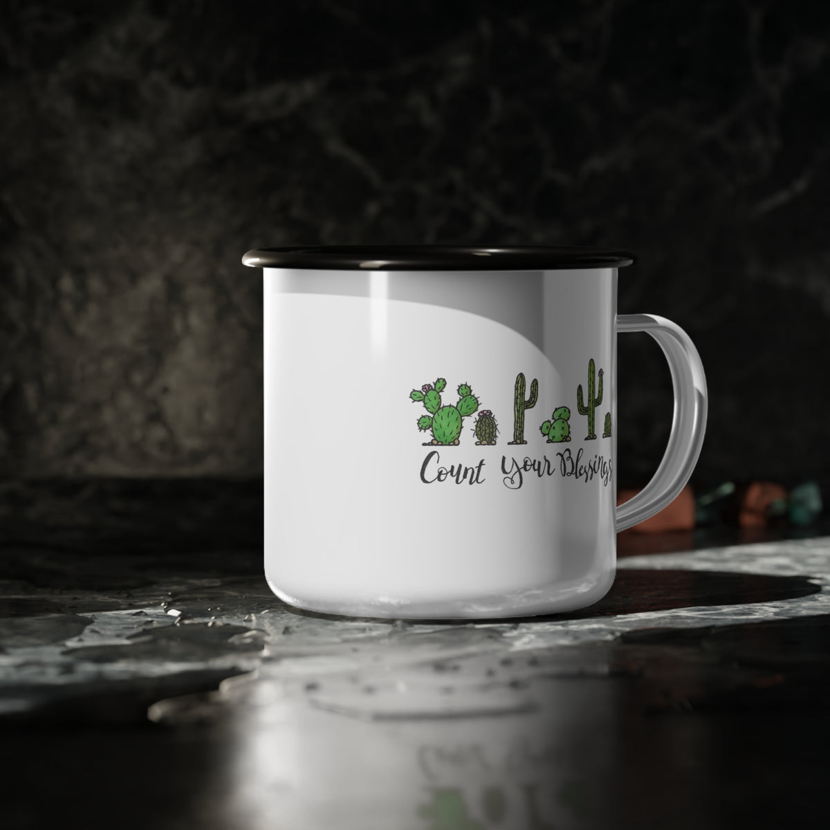 Count Your Blessings Cactus Enamel Cup | Desert Succulent Camper Mug