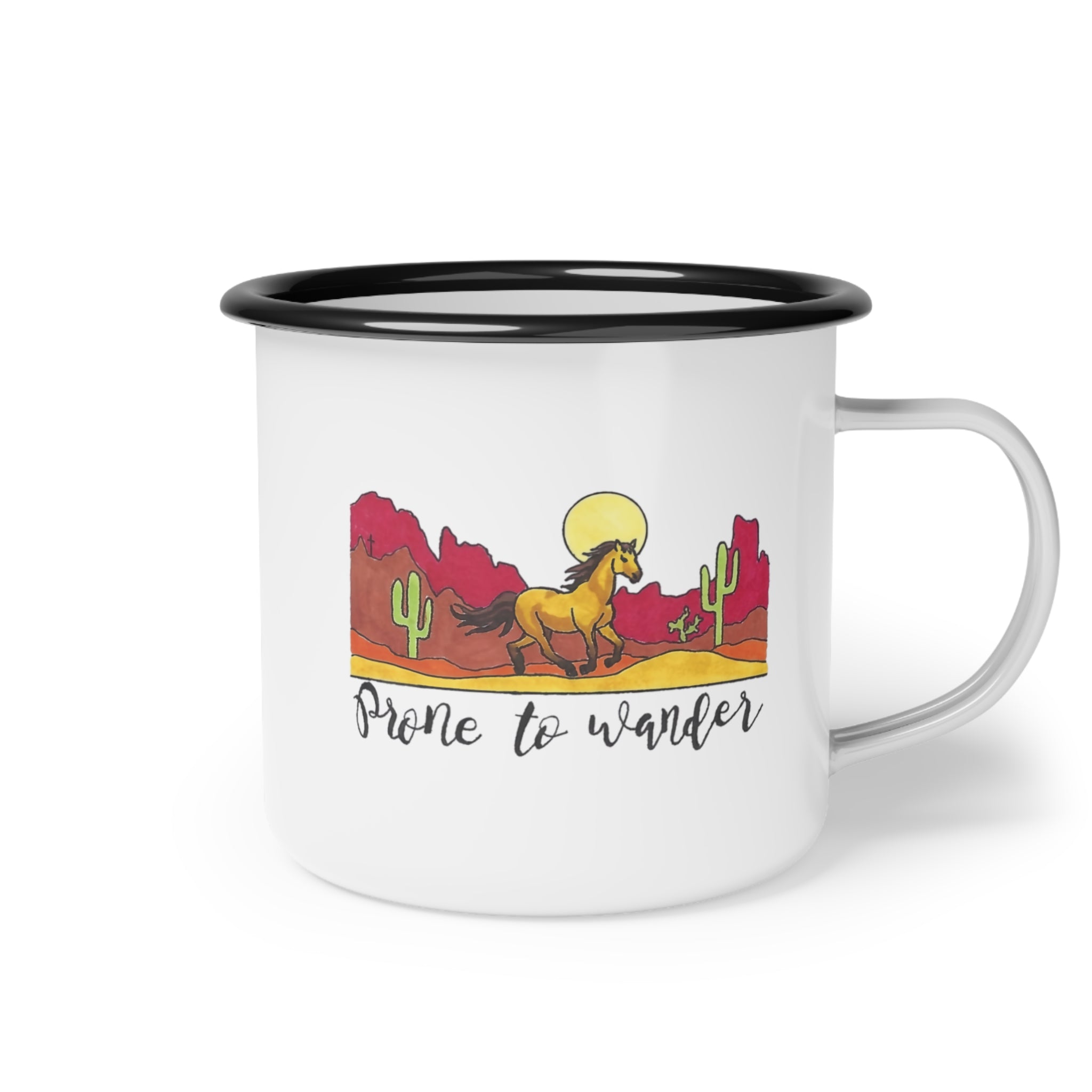 Prone to Wander enamel camp cup | Desert Horse Sunset, Cactus Camping Mug