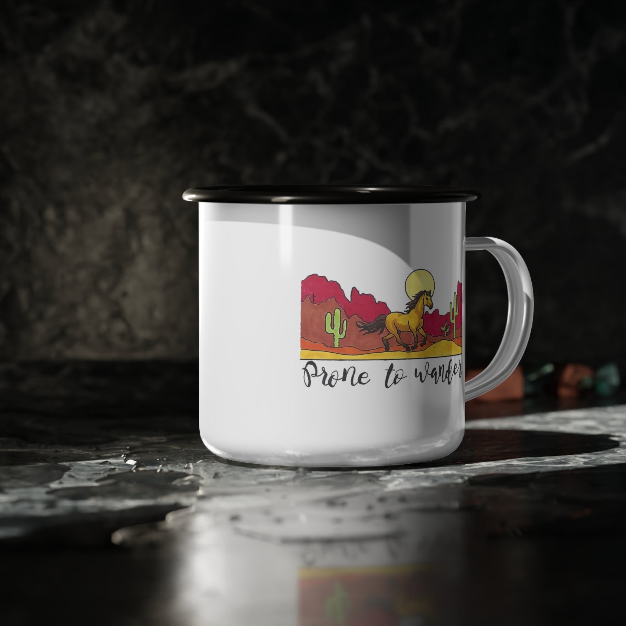 Prone to Wander enamel camp cup | Desert Horse Sunset, Cactus Camping Mug