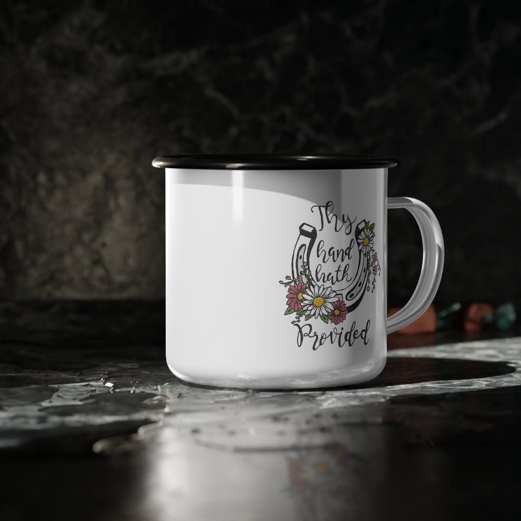 Thy Hand Hath Provided horseshoe floral enamel camp cup | Christian faith mug