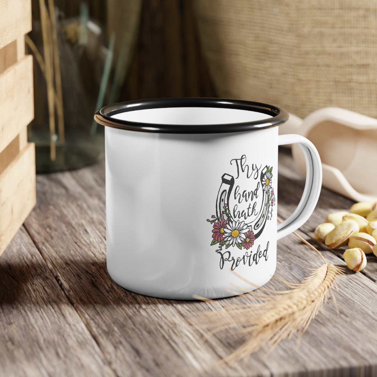 Thy Hand Hath Provided horseshoe floral enamel camp cup | Christian faith mug