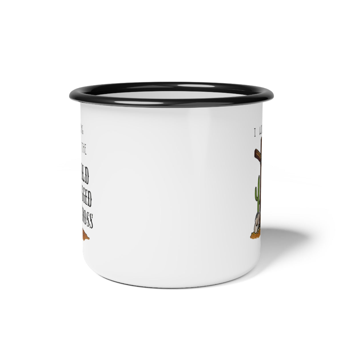 Old Rugged Cross enamel camp cup | Christian cross, western cactus design