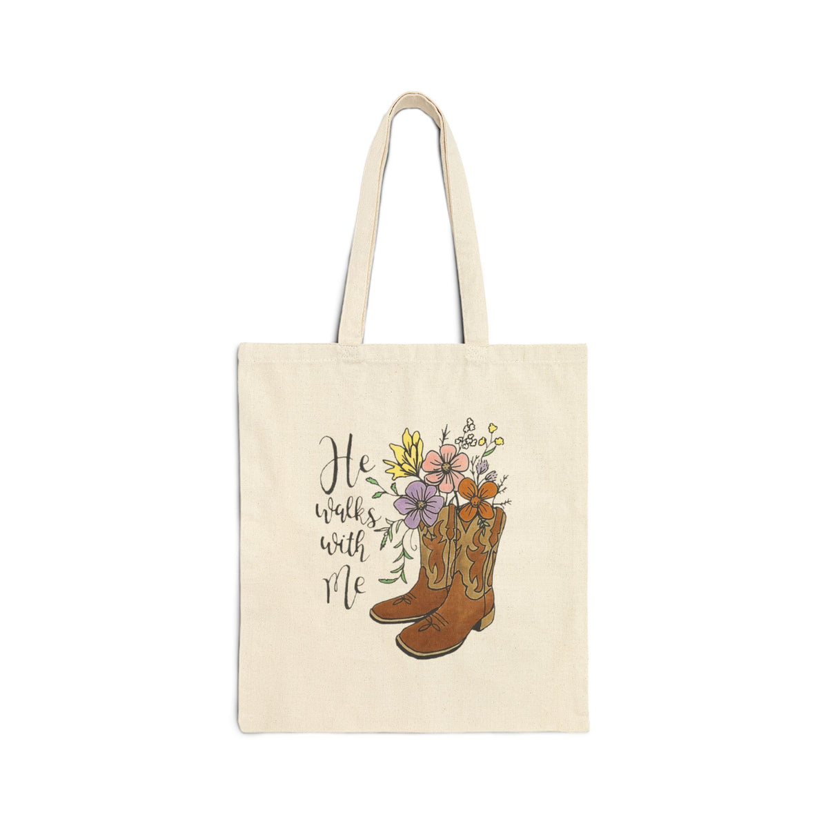 Floral Cowboy Boots Tote Bag, Reusable Shopping Bag, Eco-Friendly Canvas Tote, Gift for Western Lovers, He Walks with Me, Everyday Carry