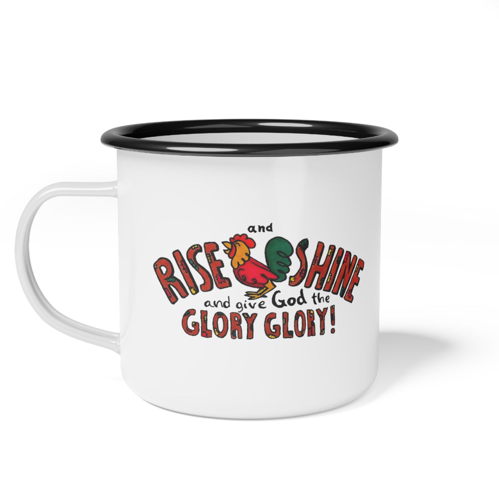 Rise and Shine Rooster enamel camp cup | Christian faith coffee mug