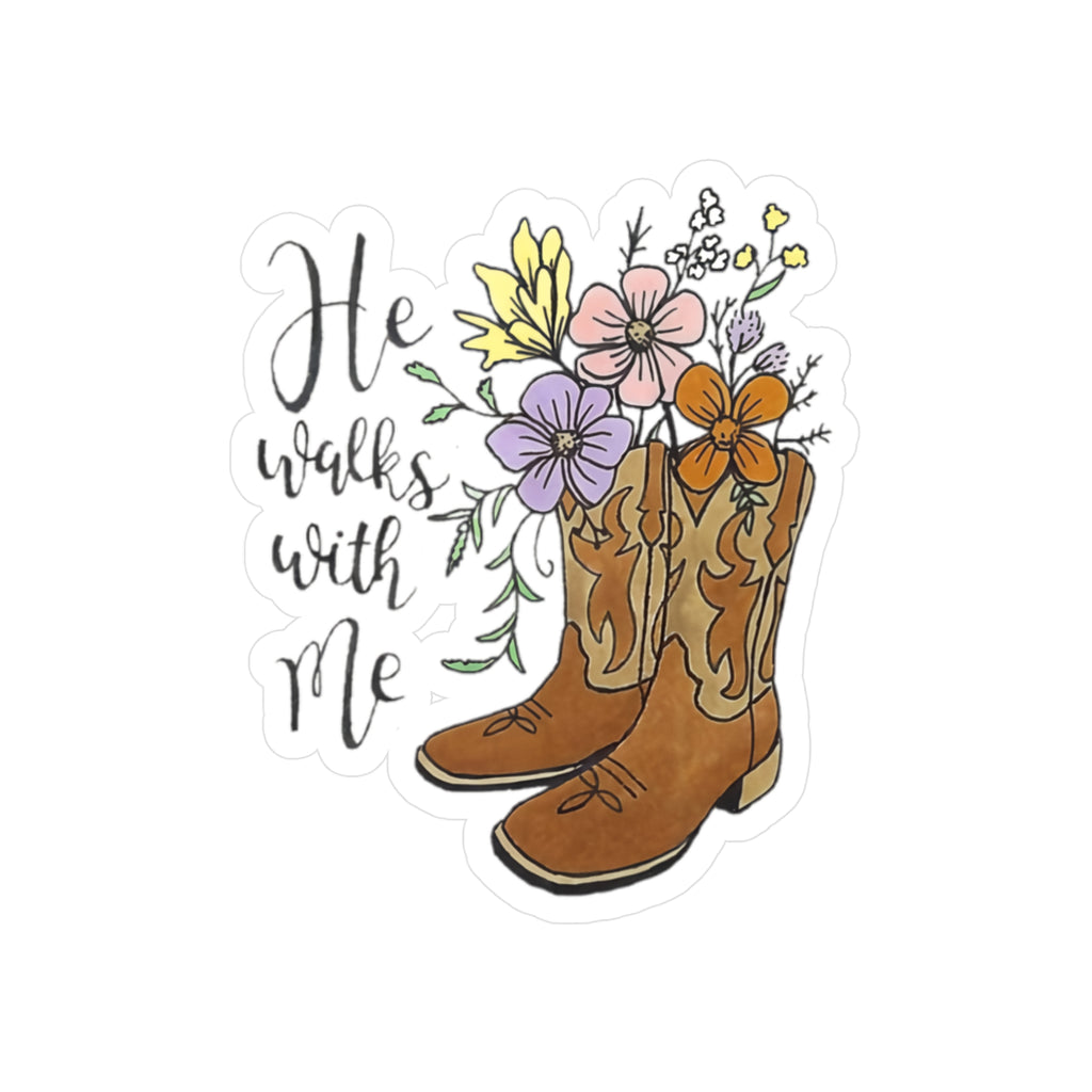 In the Garden Vinyl Sticker - He Walks With Me Floral Cowboy Boots Kiss-Cut Decal