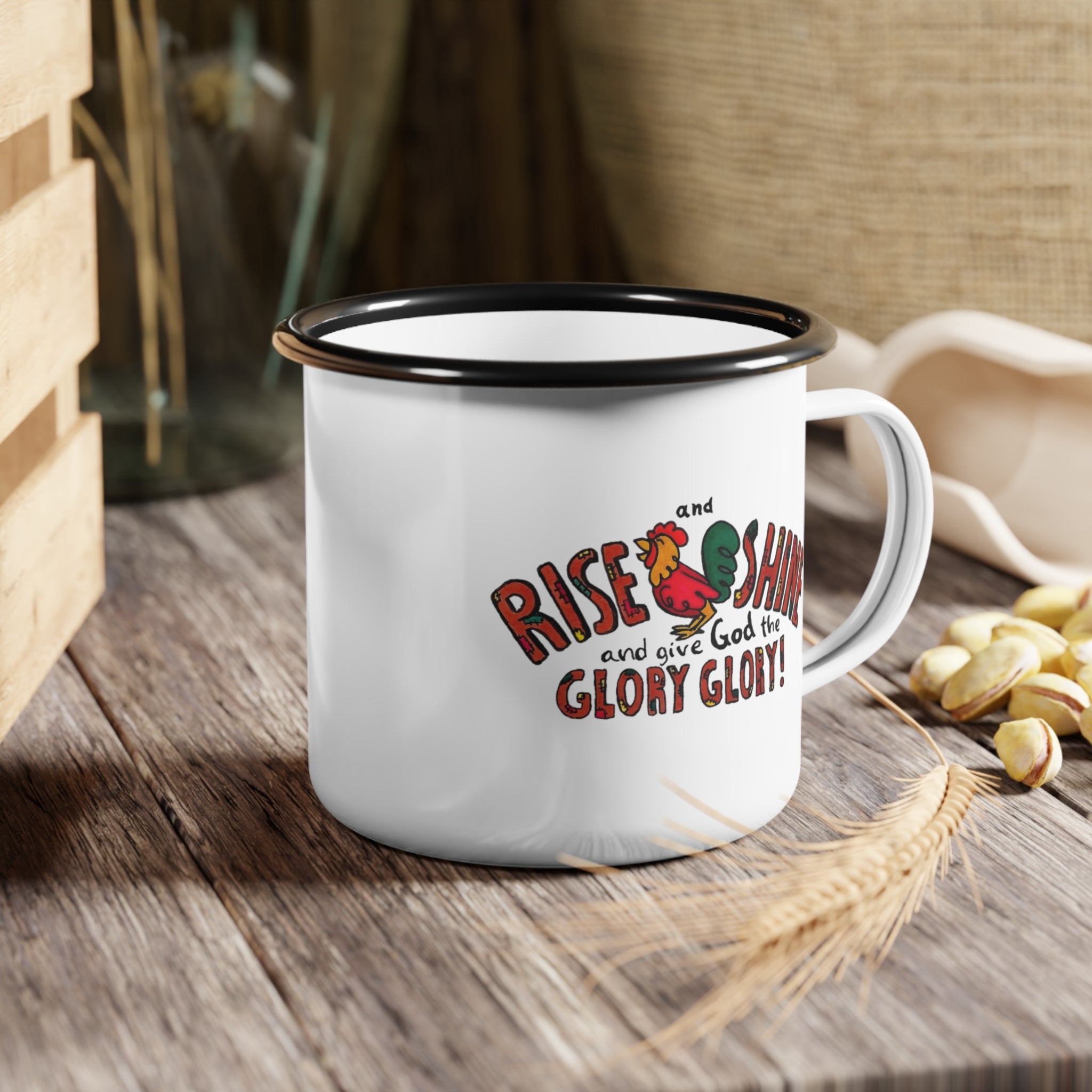Rise and Shine Rooster enamel camp cup | Christian faith coffee mug