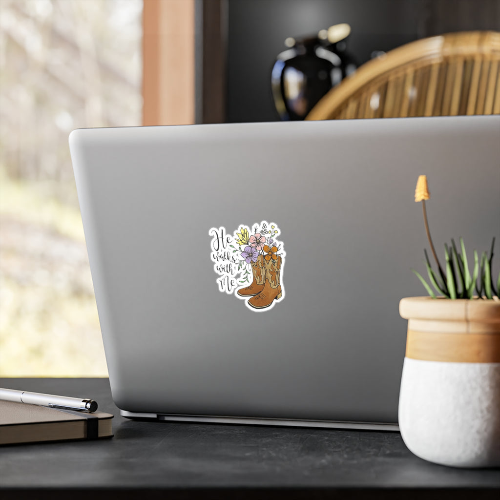 In the Garden Vinyl Sticker - He Walks With Me Floral Cowboy Boots Kiss-Cut Decal