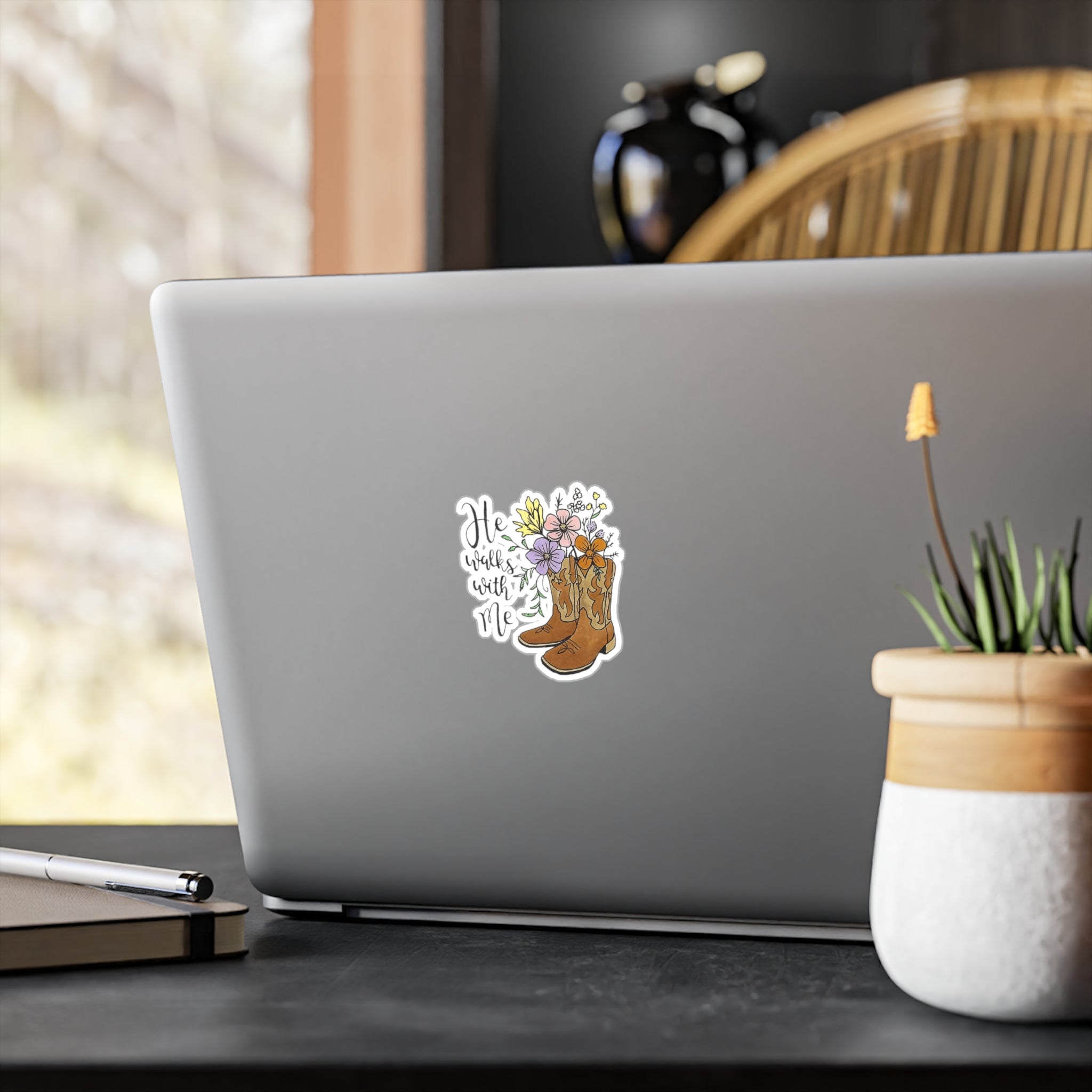 In the Garden Vinyl Sticker - He Walks With Me Floral Cowboy Boots Kiss-Cut Decal