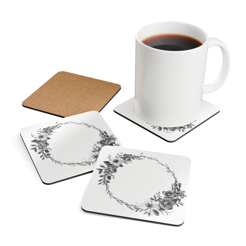 February Floral Wreath Cork Coaster Set (4-Pack)