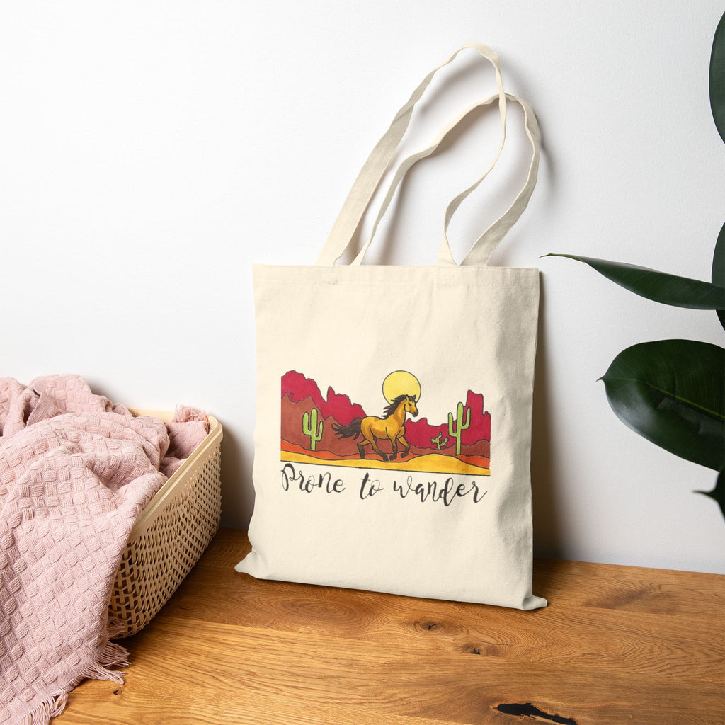 Prone to Wander Tote Bag | Cotton Canvas Bag, Eco-Friendly Shopper, Travel Gift, Boho Adventure Bag, Cactus Art, Come Thou Fount