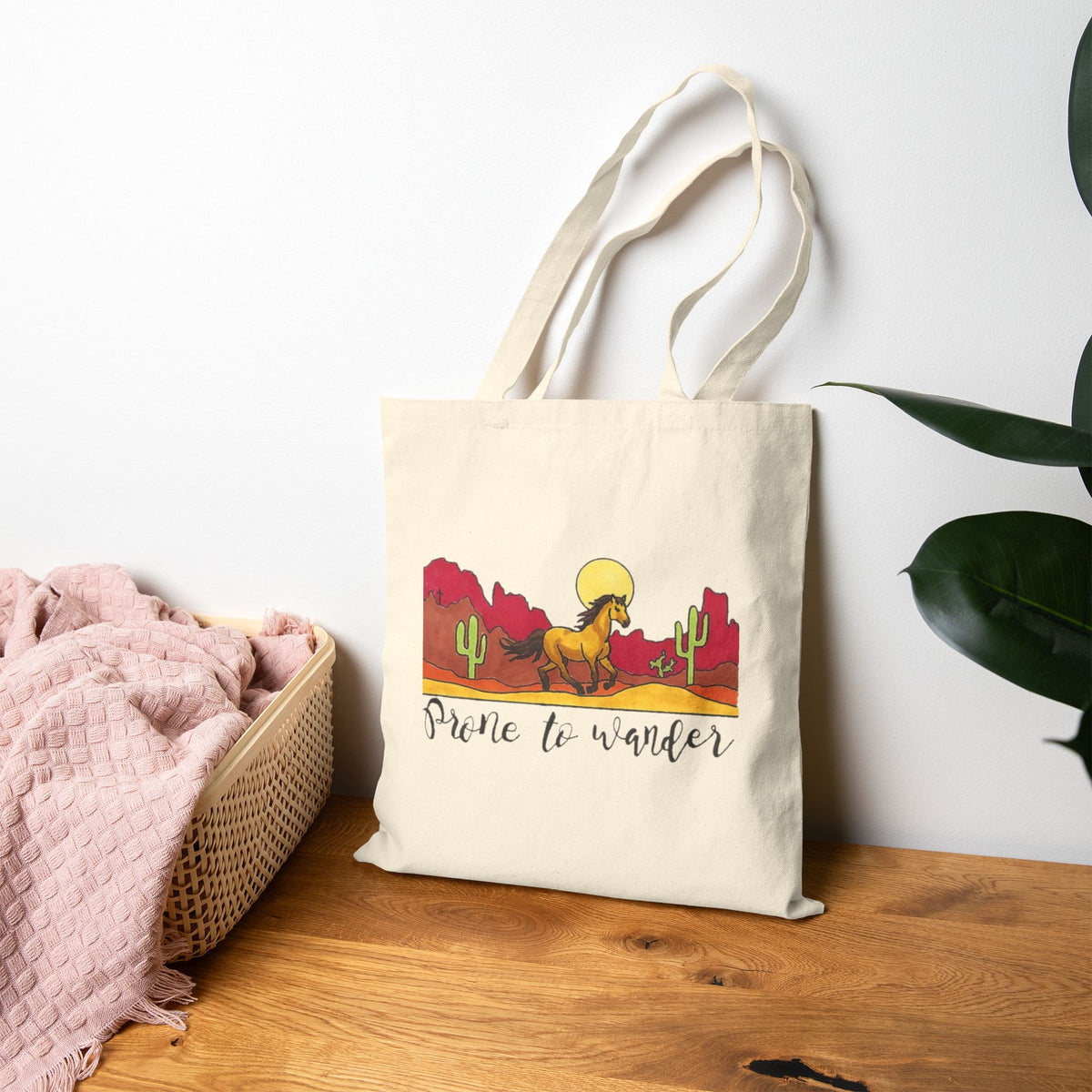 Prone to Wander Tote Bag | Cotton Canvas Bag, Eco-Friendly Shopper, Travel Gift, Boho Adventure Bag, Cactus Art, Come Thou Fount