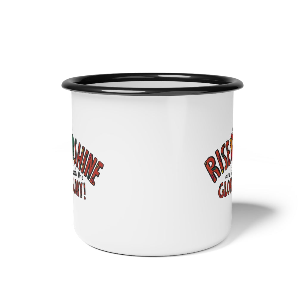 Rise and Shine Rooster enamel camp cup | Christian faith coffee mug