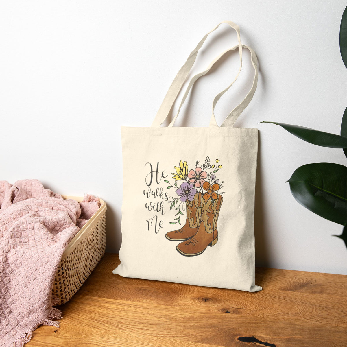 Floral Cowboy Boots Tote Bag, Reusable Shopping Bag, Eco-Friendly Canvas Tote, Gift for Western Lovers, He Walks with Me, Everyday Carry