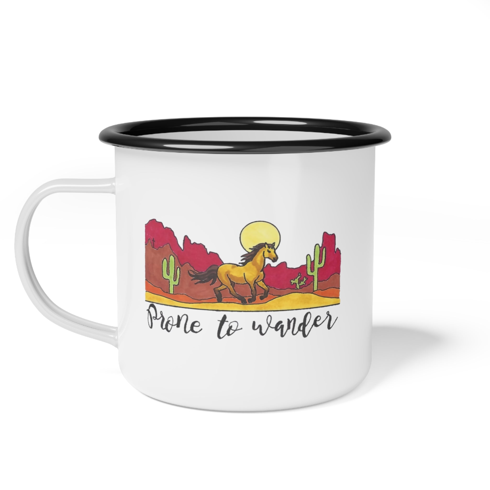 Prone to Wander enamel camp cup | Desert Horse Sunset, Cactus Camping Mug