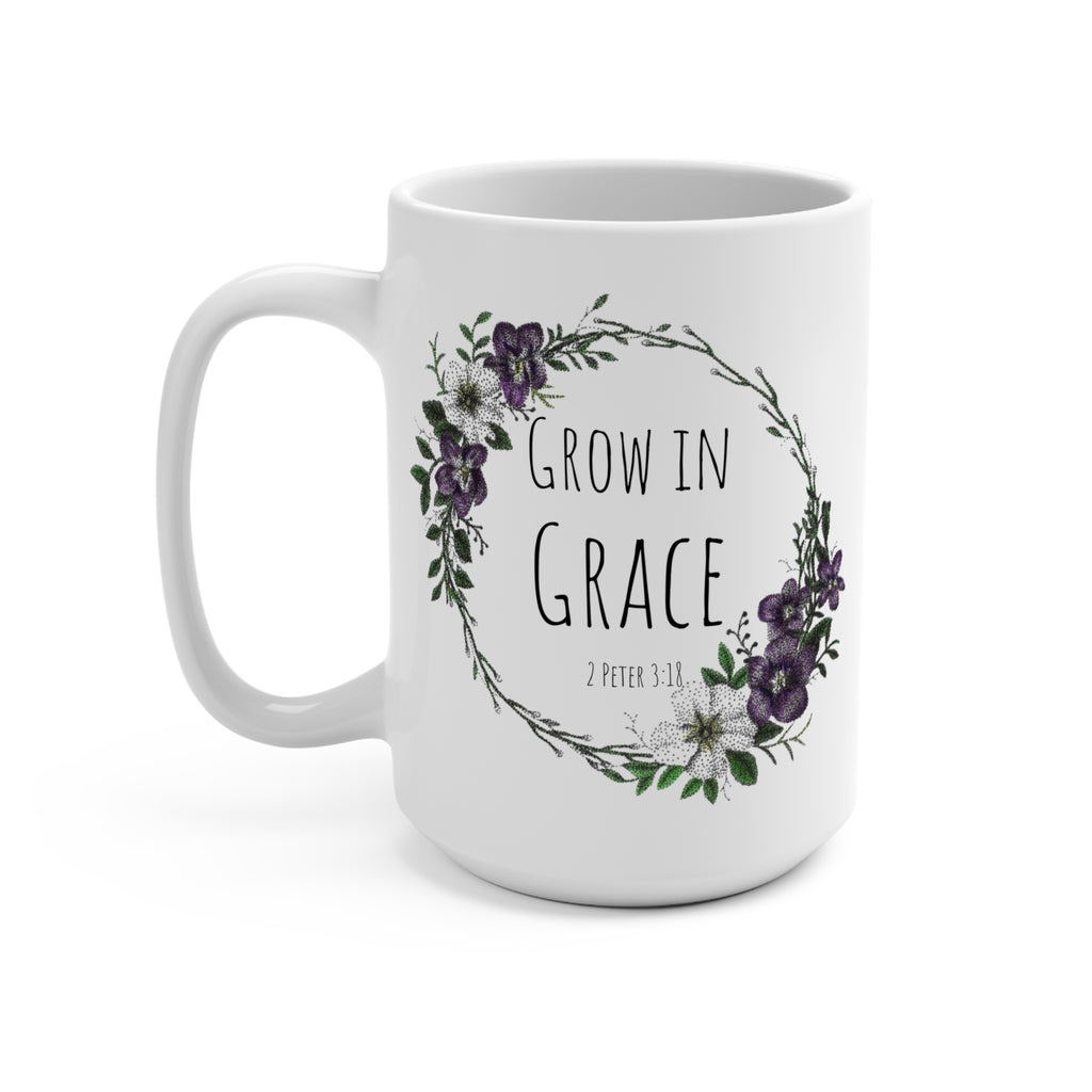 Grow in Grace 15oz Ceramic Mug — Floral Wreath Coffee Cup with Bible Verse (2 Peter 3:18)