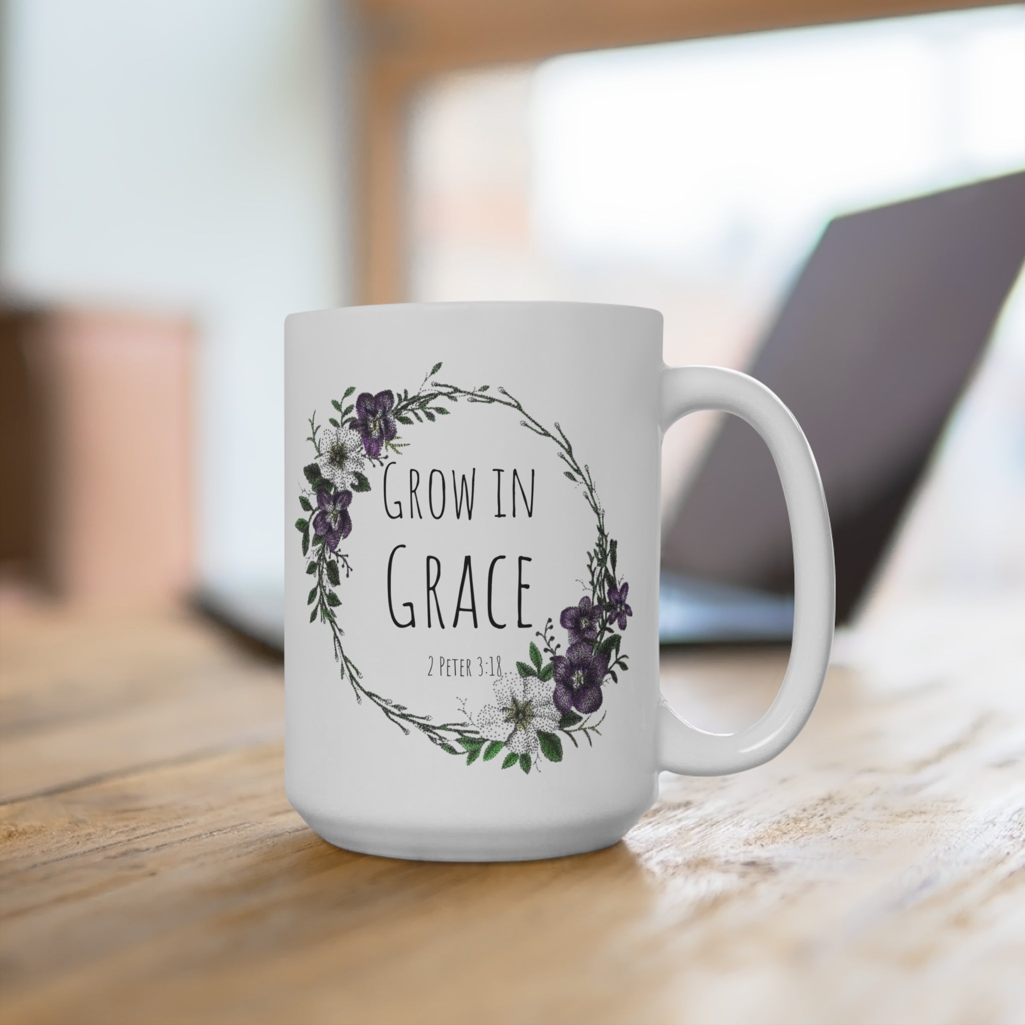 Grow in Grace 15oz Ceramic Mug — Floral Wreath Coffee Cup with Bible Verse (2 Peter 3:18)