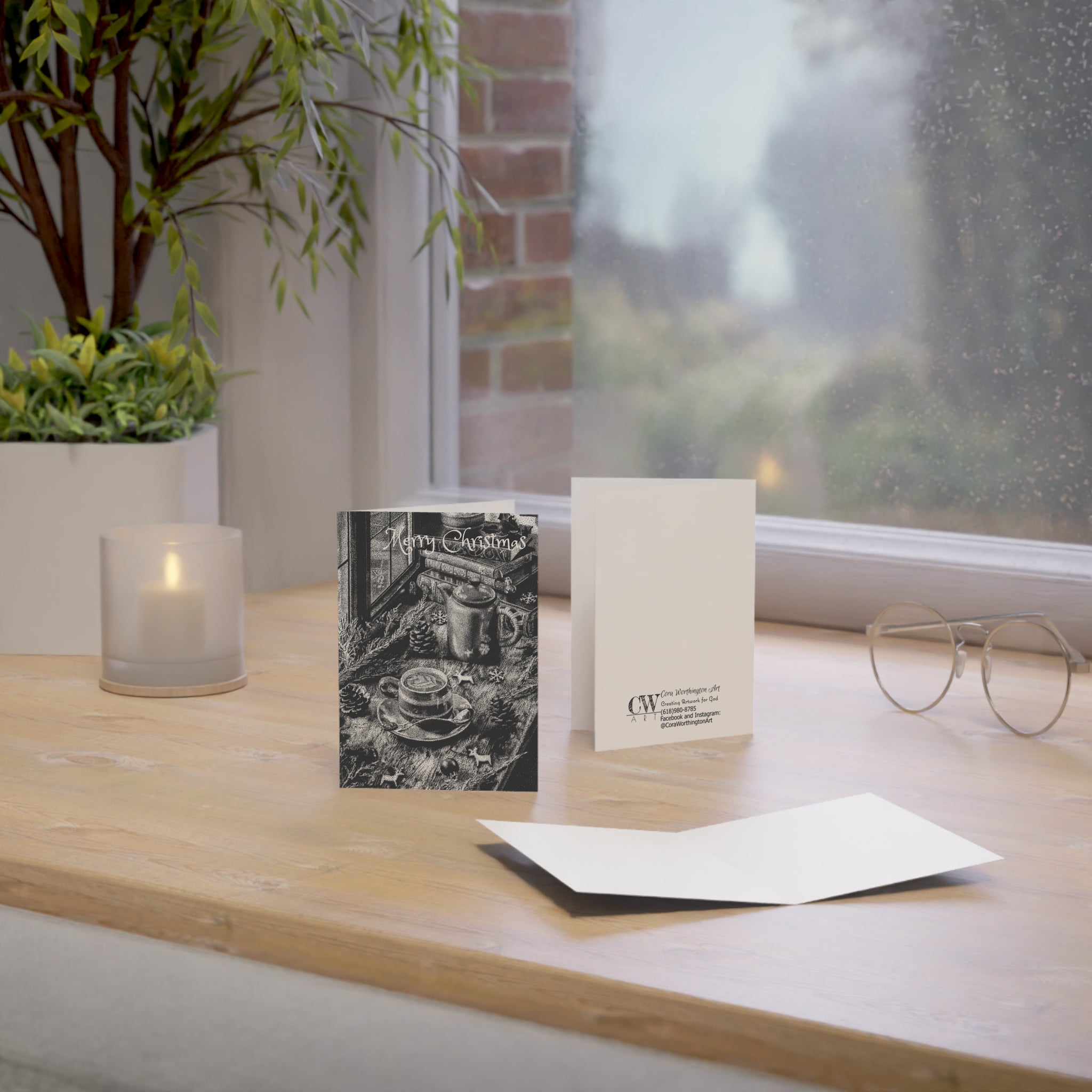 Christmas Coffee Scene Greeting Cards | Black and White