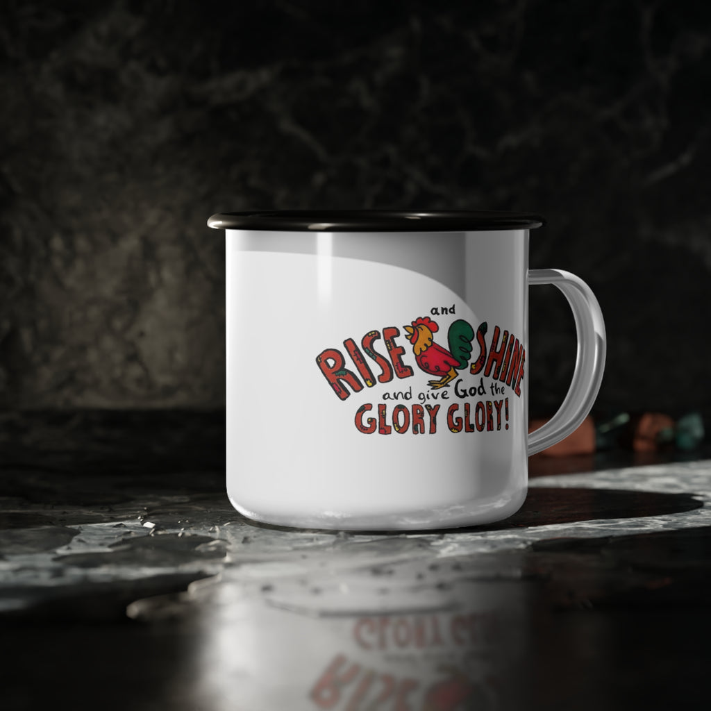 Rise and Shine Rooster enamel camp cup | Christian faith coffee mug