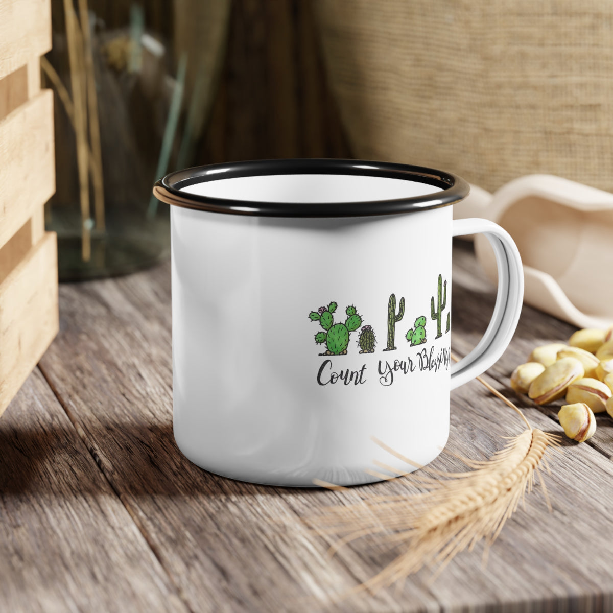Count Your Blessings Cactus Enamel Cup | Desert Succulent Camper Mug