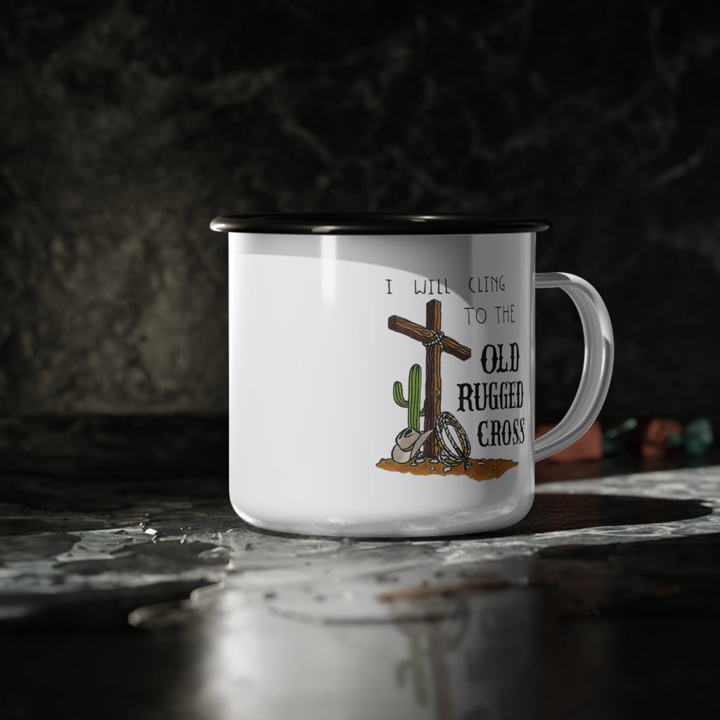 Old Rugged Cross enamel camp cup | Christian cross, western cactus design