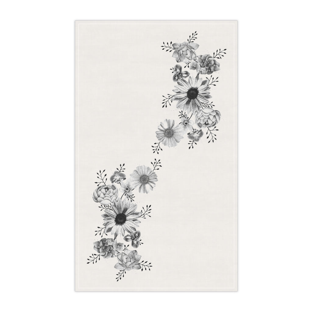 Floral Cascade Tea Towel — Black & White Botanical Kitchen Towel