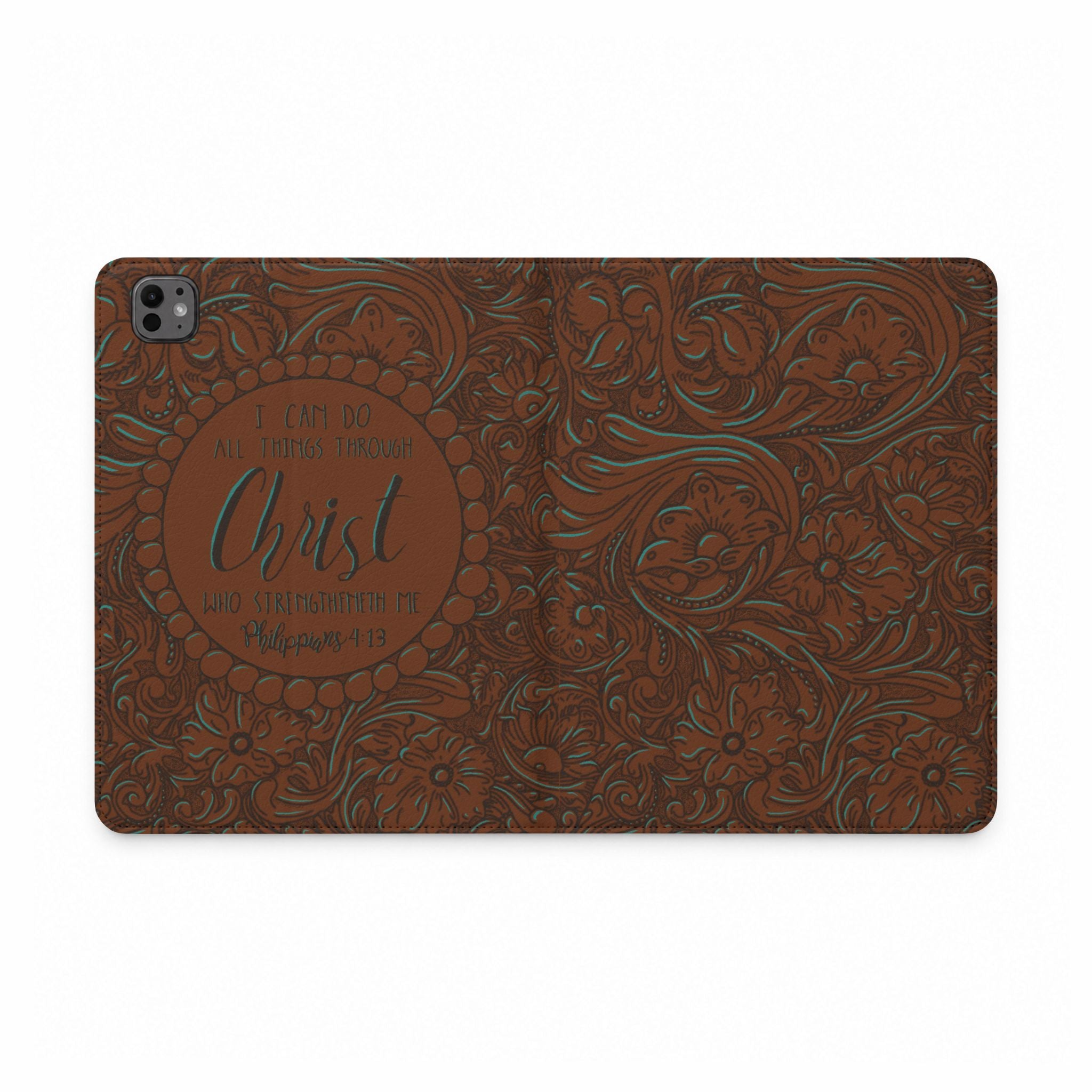 Tablet Case with Leather Floral Bible Verse Design with Philippians 4:13
