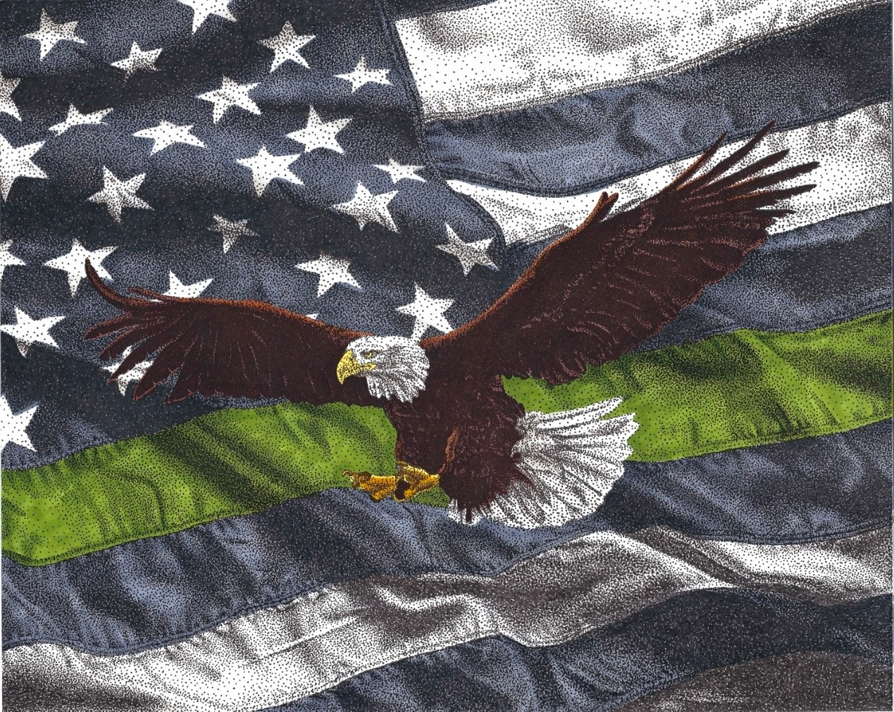 Eagle and Military Green Line Flag